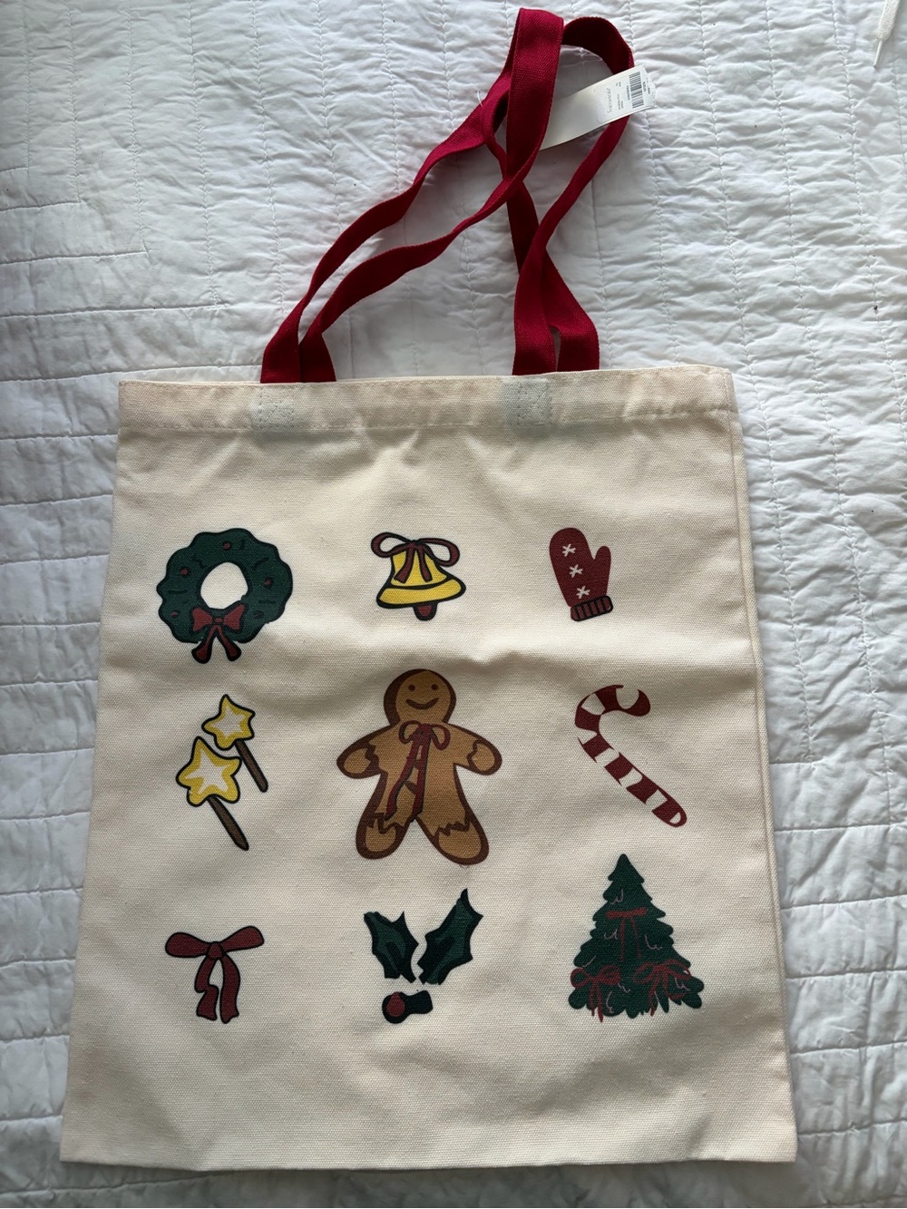 NWT Francesca's Collections Cream Holiday Icon Canvas Tote with Red Handles